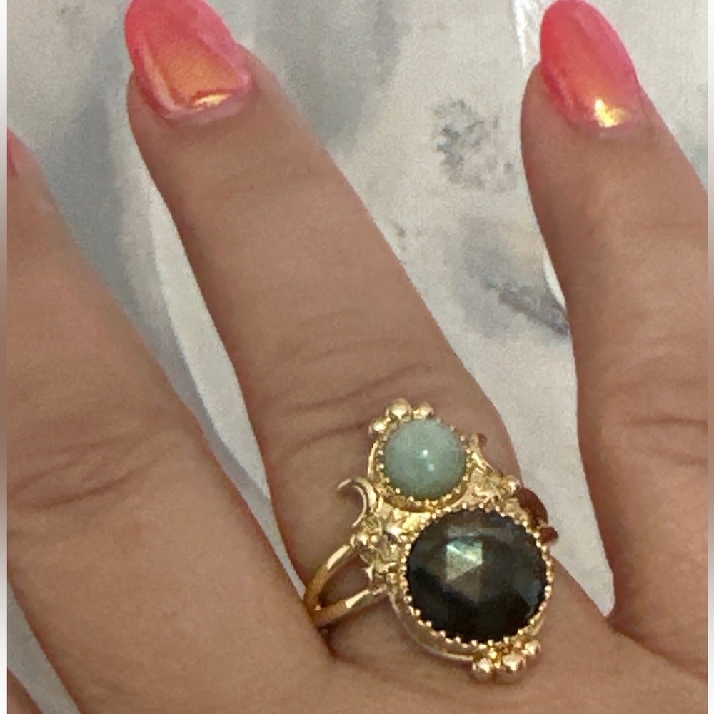 Labradorite with Turquoise star moon ring with Adjustable gold band.